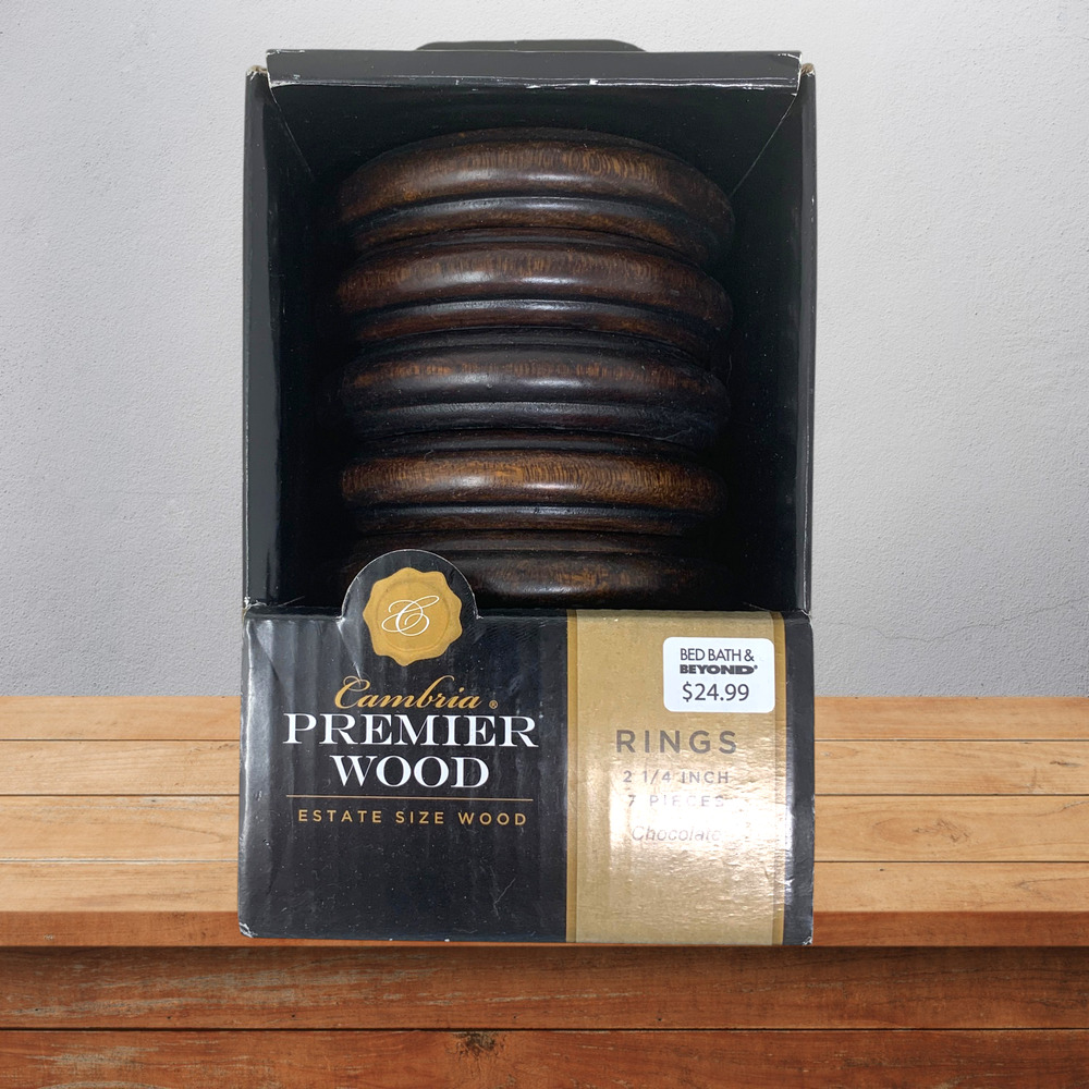 NEW Cambria Premier Wood 2-1/4" Curtain Rings w/ Clips Chocolate 7 Pc Estate